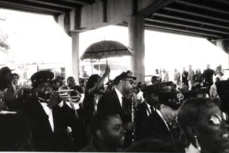 Danny Barker’s funeral on Claiborne Avenue in1994. The event inspired the creation of the Black Men of Labor Social Aid and Pleasure Club.