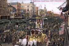 Postcard (c. 1901-1911) with an image of a Mardi Gras parade on Canal Street.