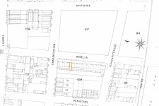 Tony Jackson's childhood home (in orange). Bandleader Adam Oleavia's house was two doors toward Annunciation Street, his saloon was at the corner of Tchoupitoulas, and Jackson played in his band in the center of the block.